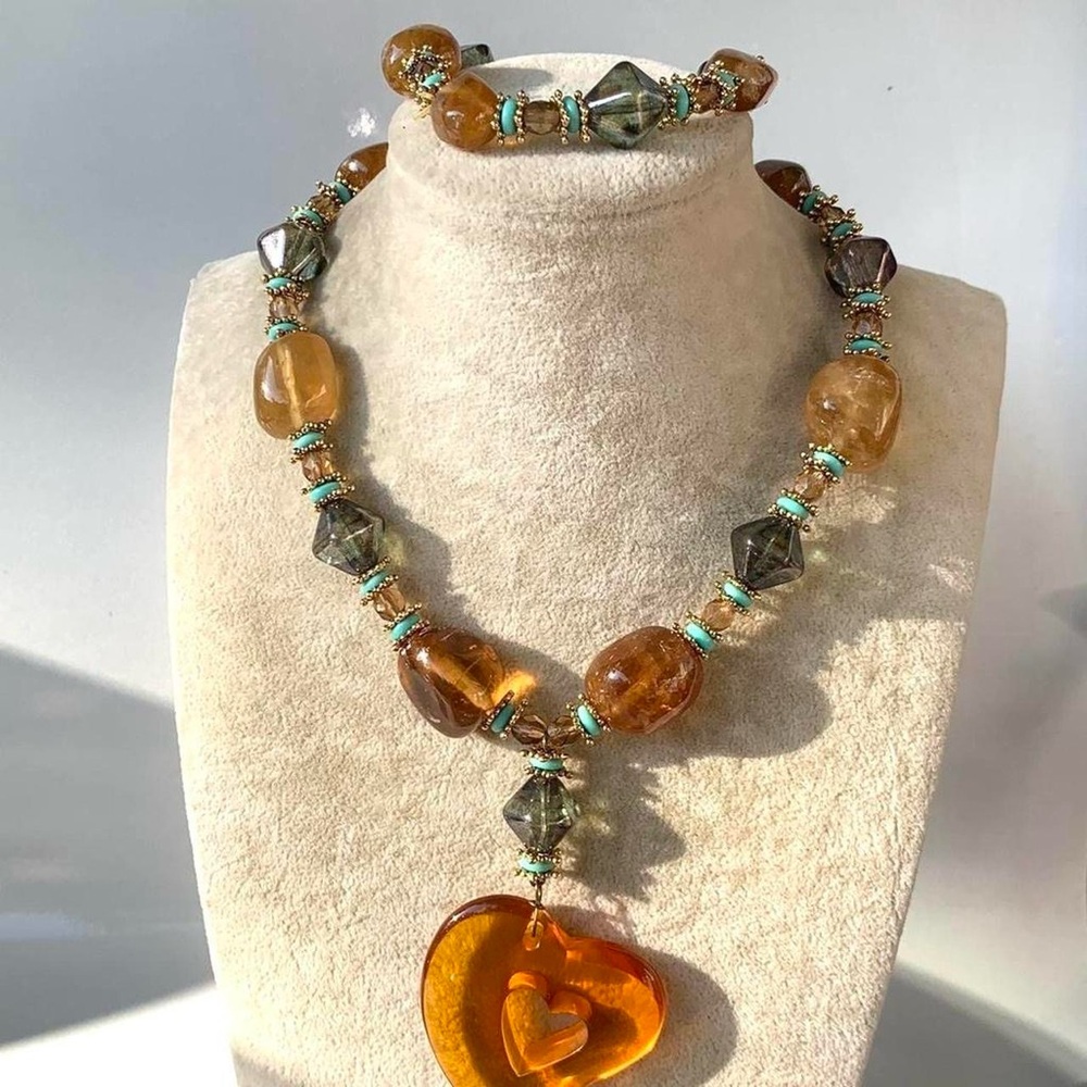 Amber Tone Glass Heart Necklace Pendant and Bracelet Set